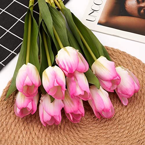 20PCS Artificial Tulips Real Touch Faux Flower Moisturizing Tulips for Photography Ornaments Home Garden Wedding Party Decor Fake Flowers (Pink Green) - color: Pink Green