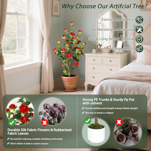 4FT Artificial Camellia Tree with Red Flowers, Faux Hydrangea Tree in Pot for Indoor & Outdoor Decor, UV Resistant Fake Plant for Home, Porch, or Office Decoration (2, Red) - color: Red 4ft X2