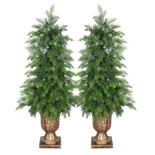 Bellacat 3ft UV Resistant Topiary Trees Artificial Outdoor with Urn Planter & Soft Real Touch Leaves, 36in Lifelike Faux Cedar Tree, Fake Cypress Tree for Front Door Porch Patio Deck Home Decor, 2Pack - color: Golden Urn Planter-2pack, size: 3ft
