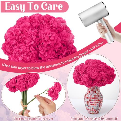 72 Pcs Hot Pink Hydrangea Artificial Flowers, Round Floral Bouquet for Home Decor, Wedding, Party, and Seasonal Decoration, Realistic Fake Flowers for Centerpieces, Aisle, Table Arrangements - color: Hot Pink
