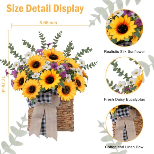 17.7" Front Door Basket with Sunflowers Basket Wreaths for Front Door | Sunflower Wreath with Daisy Fake Wildflowers for Spring Summer Porch Window Wall Garden Yard Farmhouse Home Decor - color: Yellow