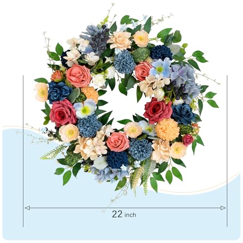 22 inch Spring Wreath Artificial Flower Wreaths Spring Summer Yellow Blue Rose Hydrangea Wreaths Front Door Hallway Window Decoration Wedding Birthday Decoration - color: Wreath