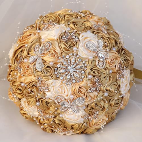 Handmade Wedding Flowers Bouquet Round Holding Bridal Bouquet Artificial Satin Roses Bunch for Bride Bridesmaid Wedding Quinceanera - color: Gold, Light Gold & Cream, size: Medium (Dia. 8.7"/22cm)