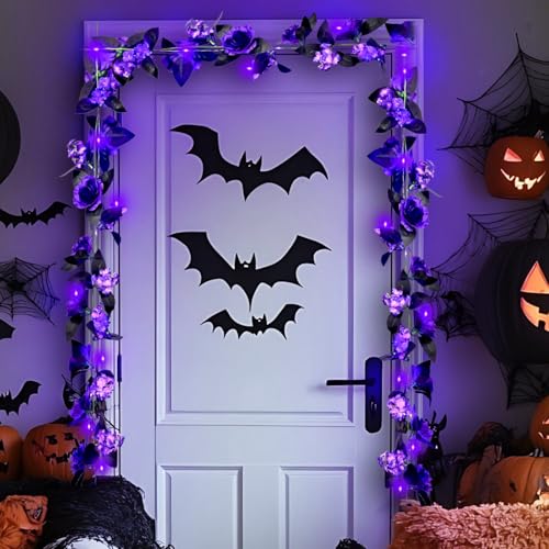 Ochine Halloween Flower Garland Decorations Rose Vines with Purple LED Light, 79 Inch Halloween Red Rose Vine Fake Floral Wall Hanging Ornaments for Halloween Decorations Wedding Home Decor