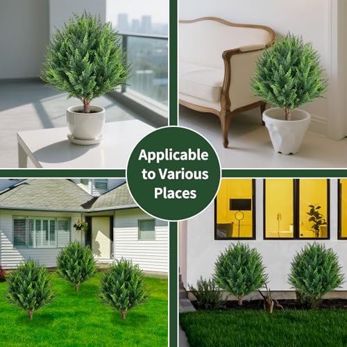 25” Artificial Cedar Topiary Ball Tree, Set of 2 with Ground Spikes, UV Resistant Faux Cypress Plants, Evergreen Shrubs for Outdoor Front Porch Garden Backyard Office Decor - color: B-green