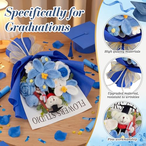 Giegxin Large Graduation Bear Flower Bouquet Set 2026 Crochet Graduation Bouquet Gift Hand Knitted Tulip Daisy Sunflower Rose Bouquets Greeting Card Gift Bag for Wedding Birthday Party Favors(Blue) - color: Blue