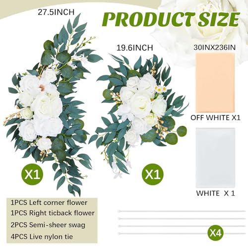 Thiccywoov 4 Pcs Wedding Arch Flowers and Drape Kit Include 2 Artificial Floral Swag and 2 White Chiffon Drapes, Faux Flower Set for DIY Wedding Party Reception Ceremony Backdrop Rose Decoration - color: Beige