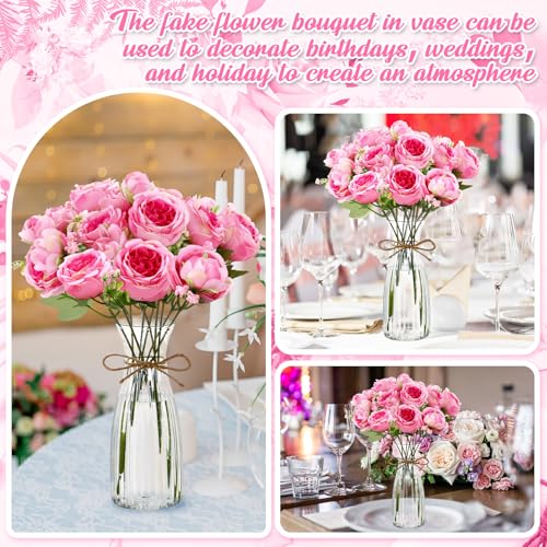 Thiccywoov 19 Pack Artificial Peony Flowers with Vase Bulk, 12 Bundles Faux Peony Bouquet 6 Vase with 1 Rope Silk Flower Arrangement Wedding Table Centerpiece for Wedding Bridal Shower(Cherry Pink) - color: Cherry Pink