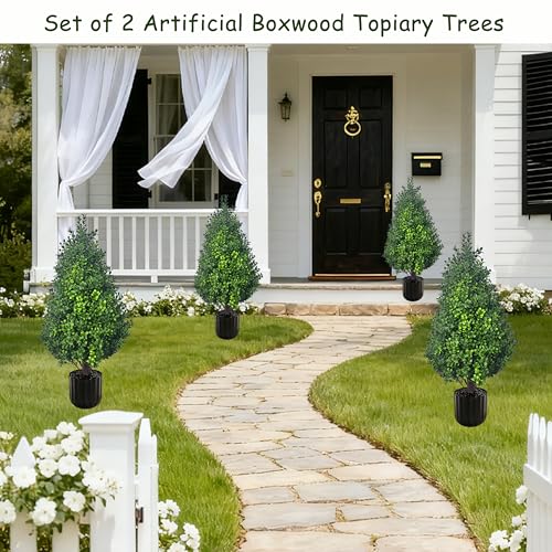 2PACK Artificial Potted Plants Boxwood Topiary Trees Outdoor Indoor with Planter,2.3FT Potted Faux Bushes in Pot Evergreen Fake Trees Outside Realistic for Front Door Porch Offices Garden - color: Boxwood Green