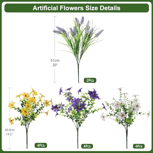 Artificial Flowers for Outdoors UV Resistant, 14 Bundles Fake Flowers Daisy with Lavender Faux Outdoor Plants Silk Flower for Outside Planters Patio Porch Window Garden Yard Spring Summer Decoration - color: Deep Purple Yellow White