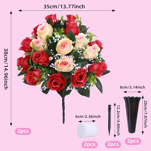 Lodou Set of 2 Artificial Cemetery Flowers, Memorial Flowers Bouquet,Grave Memorial Flowers with Vase for Cemetery Headstones Decoration (Rose red Beige) - color: Rose Red Beige