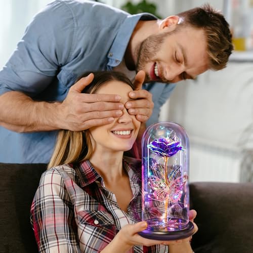 Pusuny Mothers Day Flowers Gifts for Mom Women Birthday Gift Galaxy Glass Rose Forever Eternal Crystal Flowers Rose in Glass Dome with Butterfly Mother's Day Roses Gifts for Mom Daughter Wife Purple - color: A Purple
