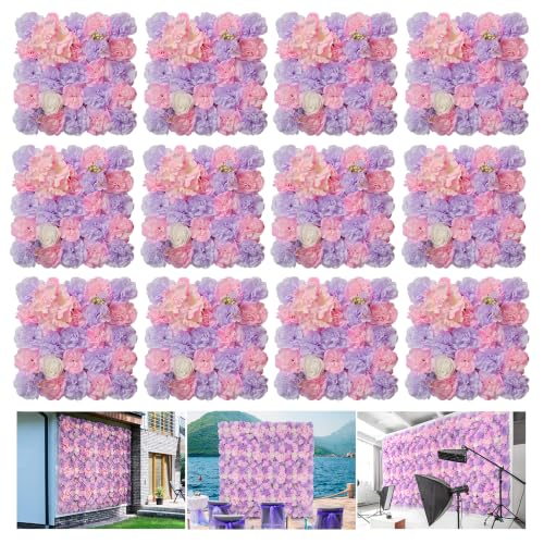 Flower Wall Backdrop12 pcs 16.5x16.5 Inch Floral Wall Panel Artificial Silk Rose Wall Decor Ideal for Wedding Celebrations, Festive Party Backdrops, and Home Decor-Pink and Purple - color: Pink and Purple, size: 16.5inch