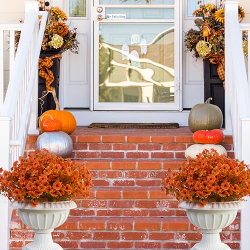 Kingsboomy 12Pcs Artificial Fall Mums Flowers for Outdoors, Fake Faux Plants, Silk Colorful Flowers Eucalyptus Realistic UV Resistant for Outside Home Planter Porch Patio Yard Decor (12, Fall Color) - color: Fall Color