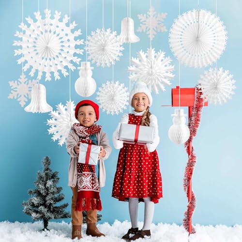 PAPER JAZZ 13 PCS Christmas Snowflake Decorations,White Paper Snowflake Hanging Ornaments,Christmas Honeycomb Decorations with Paper Fan/Garland/Snowman for Ceiling/Wall,Winter Wonderland,Winter Decor - color: Paper Snowflake