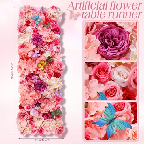 Breling 40 x 14 Inch Artificial Flower Floral Tea Party Table Runner Spring Pink Floral Wonderland Party Decoration Pink Flower Table Centerpiece Afternoon Tea Decor for Spring Bridal Wedding Birthday