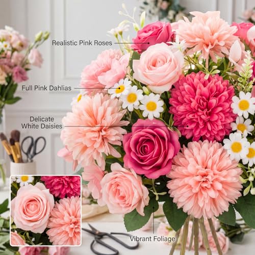 Tigeen 6 Pcs Bundles Artificial Bouquet Flowers Artificial Peonies Faux Roses Hydrangea Flowers Bouquet for Wedding Table Centerpiece Floral Vase Decor (Pink,Magenta) - color: Pink, Magenta