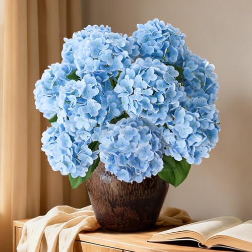A Bunch 21in Blue Real Touch Hydrangea Artificial Flowers with 10pcs Flower Head 20pcs Leaves Faux Hydrangea Flowers for Home Office Decor Wedding Party Arrangements (2, Blue) - color: Blue, size: 2 Bunch