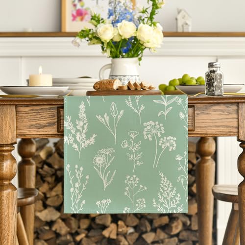 Artoid Mode Sage Green Leaves Flowers Spring Table Runner, Seasonal Kitchen Dining Table Decoration for Home Party Decor 13x72 Inch - color: Sage Green, size: 13" x 72", Table Runner