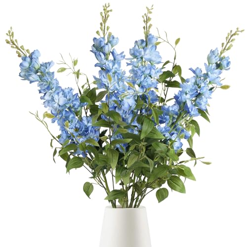 8PCS Blue Delphinium Artificial Flowers 29.5" Combo Clematis Greenery 23.6" Long Stem Flowers for Tall Vase Larkspur Silk Flowers Floral Arrangements Table Party Home Decor (Ice Blue) - color: Blue