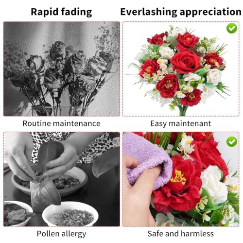 14in Cemetery Flowers for Grave Vase Red and White Flowers Fake Red Roses | Grave Flowers for Cemetery Memorial Mixed Artificial Flower Bouquet Silk Flower Arrangements for Home Table DIY Wedding - color: Red White