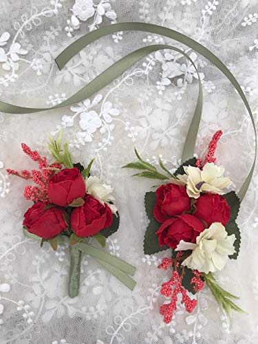 Rose Wedding Wrist Corsage and Boutonniere Set Party Prom Hand Ribbon Flower Suit Decor (Red) - color: Red
