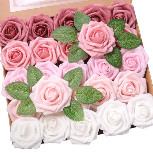 25pcs Artificial Flower，Real Looking Foam Roses w/Stem for DIY Wedding Bouquets Centerpieces Bridal Shower Party Decor-Shades of Dusty Pink - color: Shades of Dusty Pink