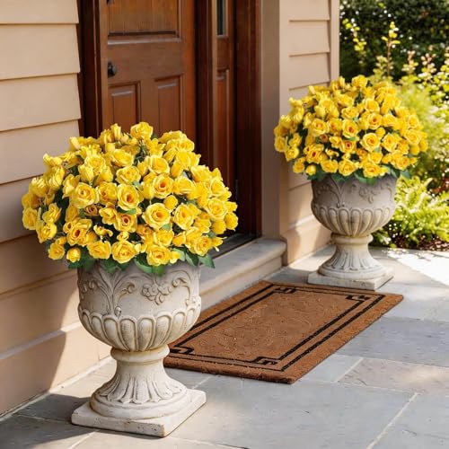 Juxdp 8 Bundles Artificial Roses, Realistic Silk Bouquet Flower(Yellow) | Fluffy and Vivid, Fade-resistant, Faux Rose Plants, for Front Door/Garden/Farmhouse/Home/Outdoor/Spring/Summer Decor - color: Yellow