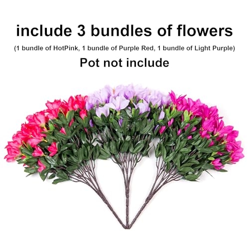 INSPRING Artificial Flowers for Outdoors Outside, 3 Bundles Fake Silk Azalea Flower Realistic UV Resistant Spring Flowers for Decoration Faux Plants for Outdoor Planters Porch Patio Garden Home, Mix - color: Hot Pink+purple Red+light Purple