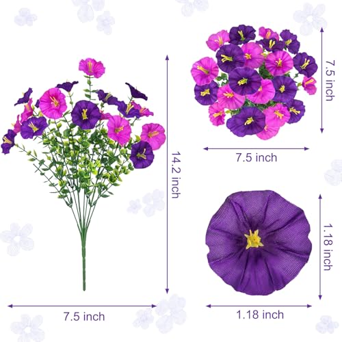 Artificial Flowers for Outdoors, 16 Bundles Mix Color Silk Faux Flowers Morning Glory UV Resistant Eucalyptus Plants Fake Petunias Plants for Porch Garden Planters Window Box Outside Indoor Decor - color: Purple Light Fuchsia