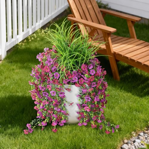 Artificial Hanging Flowers with Wheat Grass for Outdoors, 5 Pcs Fake Hanging Plants for Spring Decor, UV Resistant Faux Silk Flower Greenry for Planter Porch Patio Yard Garden(Light Purple Red) - color: Z Light Purple Red With Grass