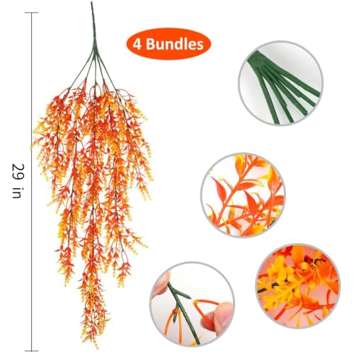 RECUTMS Artificial Fall Lavender Hanging Plants, 29 Inch, 4 Pcs | Fake Fall Baskets,UV Resistant Plastic Greenery for Outdoor Home Room Front Porch Wedding Party Thanksgiving Day Indoor Decor - color: Sunset