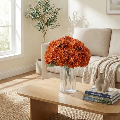 2Bouquets Artificial Fake Flowers Plants Silk Hydrangea Arrangements Wedding Bouquets Decorations Plastic Floral Home Kitchen Garden Party Festival Bar DIY (Orange,5 Flower Heads) - color: Orange，5 Flower Heads