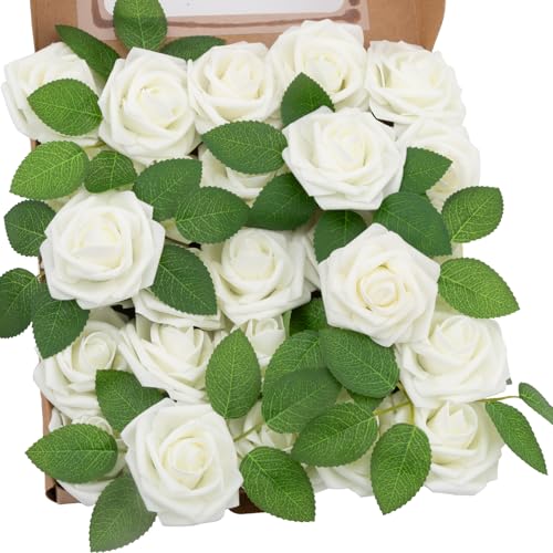 NONMON 100pcs Artificial Flowers White Roses for Decorations, Real Looking Fake Foam Roses Bulk with Stems Valentine's Day DIY Wedding Bouquets Bridal Shower Floral Arrangement Party Home Table Decor - color: Ivory