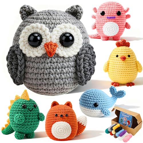 Joyclub Crochet Kit for Beginners 6 PCS Amigurumi Animal Family Crochet Starter Kit with Step-by-Step Video Tutorials 40% Extra Yarn DIY Craft Gifts for Adults Knitting Lovers Mother Teacher Graduates - color: Colorful Animal
