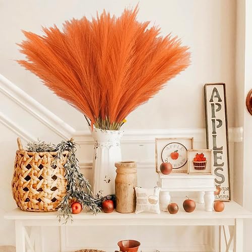 obbsie 50pcs Burnt Orange Faux Pampas Grass Decor, 21.6" Short Artificial Fall Pompous Grass Floral Fake Orange Pompas Grass Branches Vase Filler Flower Arrangement for Home Wedding Fall Decor - color: Orange, size: 50 PCS