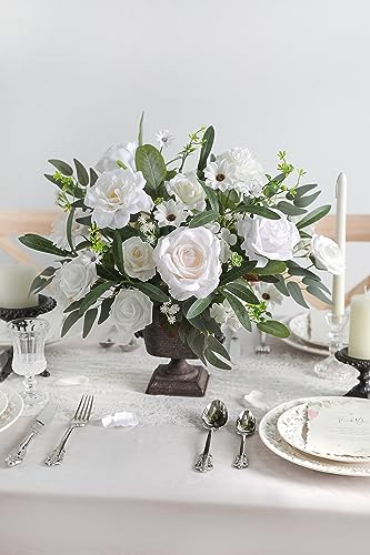 Artificial Flowers Roses Fake Flowers with Stems White Dahlia Artificial Flowers for DIY Bridal Bouquets Faux Flowers Centerpieces for Table Home Decor (White) - color: White