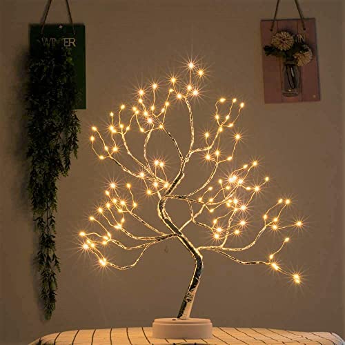 Bonsai Tree Light Silver Matte 20 Inches Artificial Tabletop Fairy Light Tree Lamp,Eight Lighting Modes,USB or Battery Operated with Timer,Decor of Bedroom,Living Room,Christmas (Warm White) - color: Silver