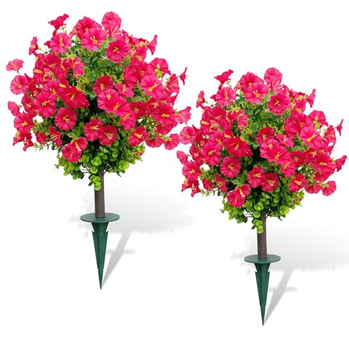 Outdoor Artificial Topiary Trees: 2-Pack Fake Bushes with UV Resistant Faux Petunia Ball & Ground Spike. Ideal for Artificial Bushes for Outdoors Use on Porch and Garden Decor(Rose Color) - color: Rose Color