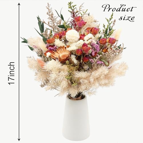 17" Dried Flower Bouquets, 100% Natural Dried Flowers with Dried Roses,Bunny Tails,Chrysanthemum Flowers Decor for Vase Rustic Boho Home Decor,Party Fall Decor for Wedding Gift - color: Red Rose