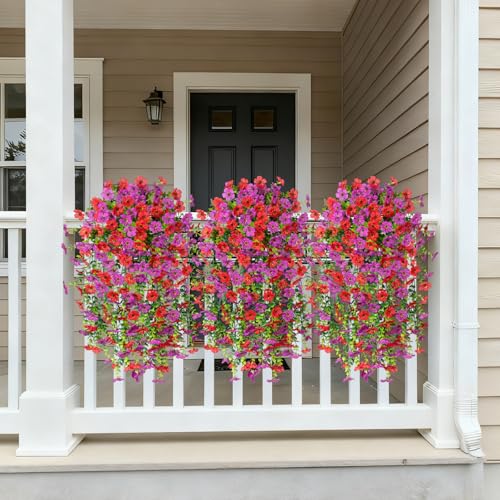 Hrobek 4 PCS Artificial Hanging Plants Flowers for Outdoor Srpring Summer Decoration, Fake Realistic Daisy Eucalyptus for Outdoors, Faux Plastic Greenery Long Vine Indoor Wall Patio Porch Decor - color: A-red Purple