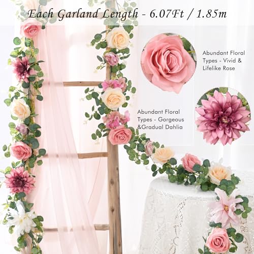 Waipfaru 2Pcs Artificial Flower Garland Decorations, 12.14Ft Eucalyptus Greenery Vines with Pink Roses for Wedding Table Runner Centerpieces Backdrop Room Decor (Pink) - color: Dusty Pink-12.14ft, size: 2 Pack