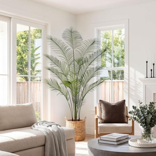 Artificial Palm Tree 7FT Tall Faux Palm Tree Indoor Fake Plants Faux Tropical Plant, UV Resistant & Maintenance Free Indoor/Outdoor Fake Tree in Pot for Home Office Living Room Patio Decor - style: 7FT Fine Leaved