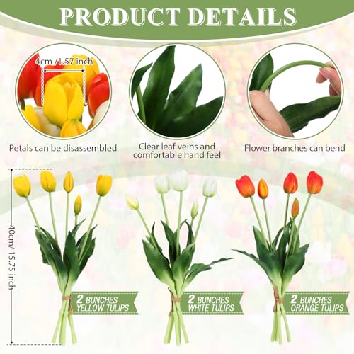 Riceshoot 30 Pcs Artificial Tulips Flowers 6 Bunches Faux Tulips Bouquets Arrangements Realistic Flowers for Office Wedding Party Kitchen Decoration(Warm Color) - color: Warm Color