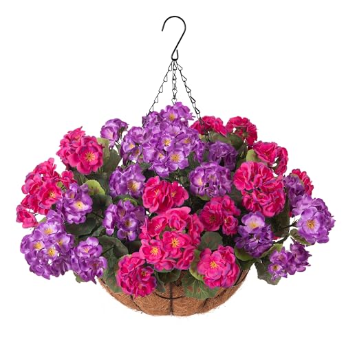 INSPRING Geraniums Artificial Flowers Hanging Basket for Outdoors Outside Spring Decoration, 8 Bundles Silk Flowers Fake Plants Look Real UV Resistant for Porch Home Patio Balcony Yard, Purple Fuchsia - color: Purple Fuchsia