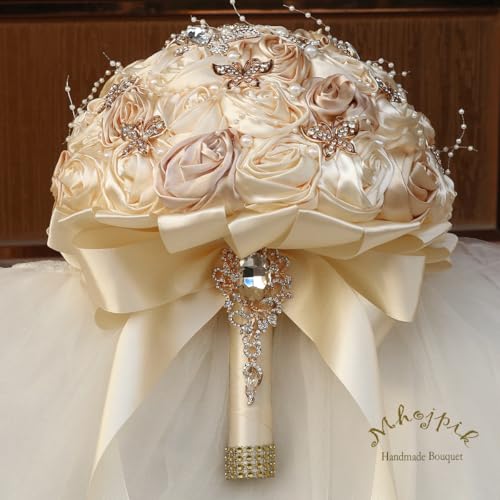 Handmade Wedding Flowers Bouquet Round Holding Bridal Bouquet Artificial Satin Roses Bunch for Bride Bridesmaid Wedding Quinceanera - color: Cream & Camel, size: Large (Dia. 9.8"/25cm)