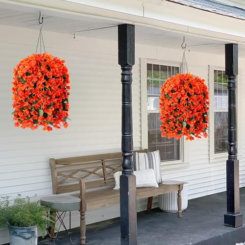 INSPRING Artificial Bougainvillea Faux Flowers Plants Baskets for Outdoor Outside Decoration, 3PCS Fake Silk Flowers Long Trailing Vines UV Resistant Realistic for Front Door Porch Patio (Orange) - color: Orange
