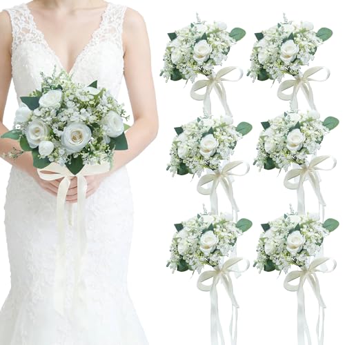 Artificial Bridesmaid Bouquets Set of 6 - Ivory White 9 Inch Flower Bouquet for Wedding Party Ceremony Anniversary Table Centerpieces Decor Faux Boho (Small Rose & Babys Breath & Ribbon) - color: Small Rose