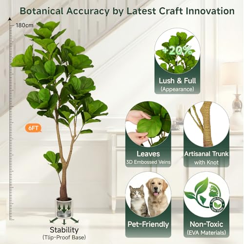 6ft Artificial Fiddle Leaf Fig Tree Tall Large Realistic Fake Ficus Lyrata Plant for Indoor Home Decor Office Living Room Floor Plant Modern Farmhouse Silk Tree 72 Inch Pet Safe Maintenance Free - size: 6FT
