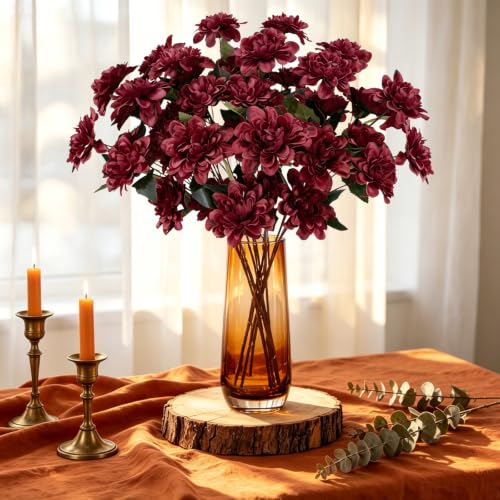 16 PCS Dahlia Artificial Flowers Burgundy Silk Bouquet Faux Chrysanthemum Flowers Arrangement Fake Red Flowers with Stems for Vase Home Centerpieces Tables Kitchen Wedding Decor - color: Burgundy